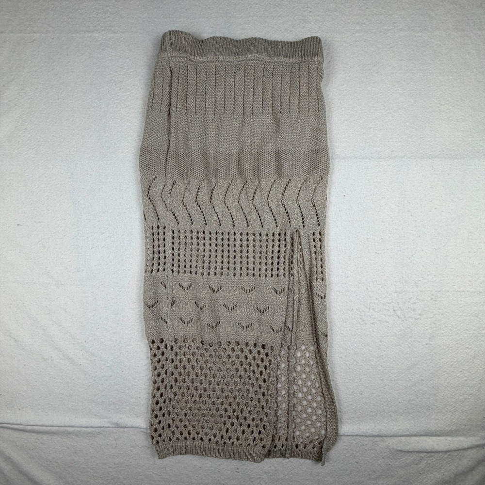 Hunter & Brown Metallic Knit Midi Skirt Champagne Gold Crochet Slit Medium